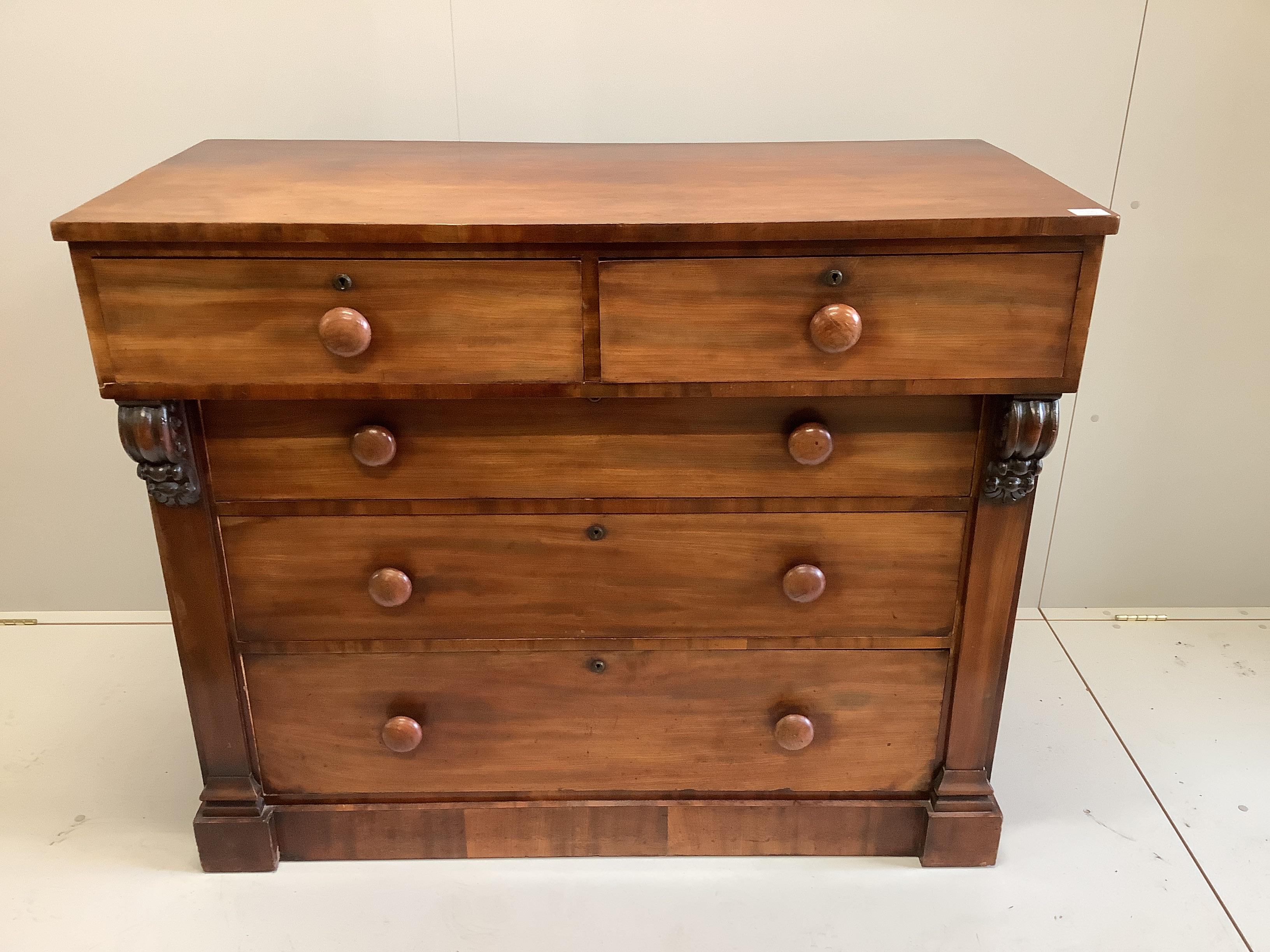 A Victorian mahogany chest of two short and three long drawers, width 125cm, depth 58cm, height 105cm